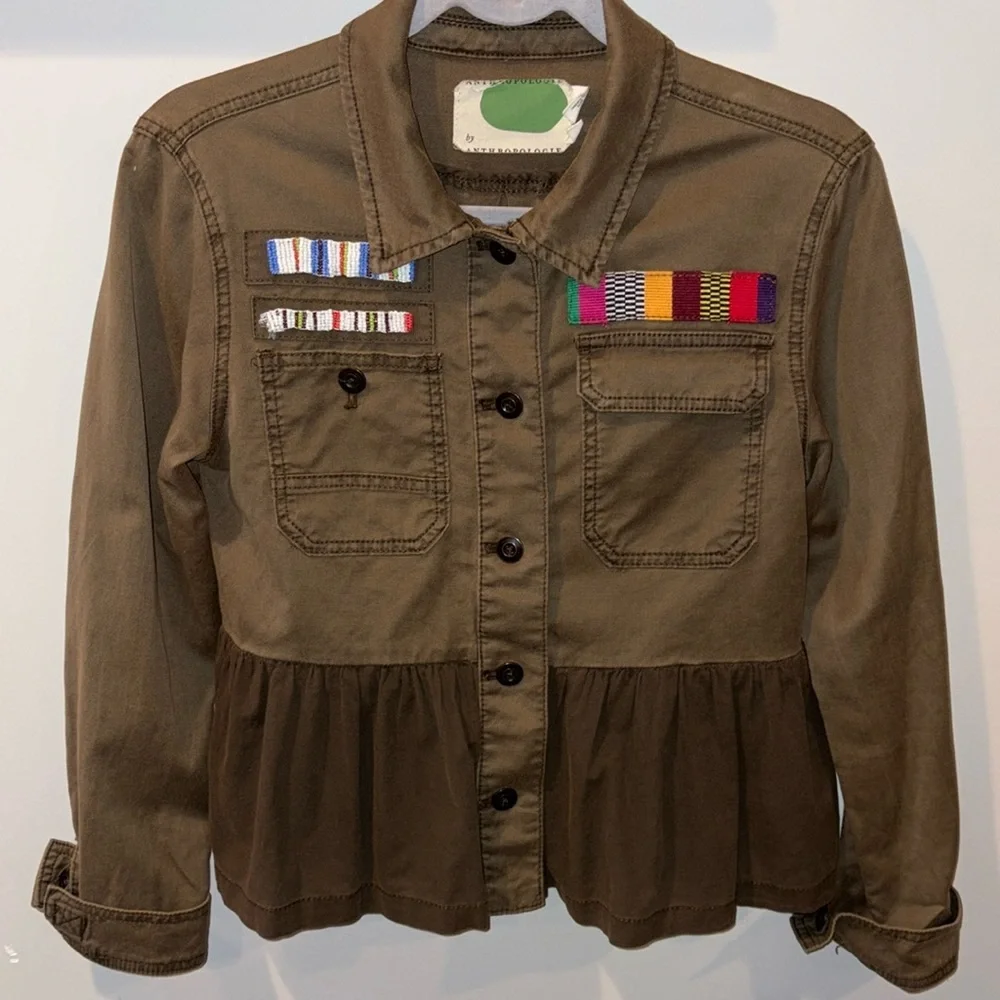 Anthropologie Military Peplem Embroidered/Beaded Jacket Size XSmall Olive Green